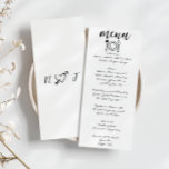 Menu Casamento Único Simples De Esquema Escrito À Mão<br><div class="desc">Um menu colorido de janto de casamento amarelo de pêssego. Que apresenta modelo de chic do fundo branco vintage e tipografia preta e menu escrito à mão a preto. E fundo branco com coração desenhado na mão, apaixonado na parte de trás com as iniciais da noiva e do noivo. Perfeito...</div>