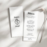 Menu Casamento Único Simples De Esquema Escrito À Mão<br><div class="desc">Um menu colorido de janto de casamento amarelo de pêssego. Que apresenta modelo de chic do fundo branco vintage e tipografia preta e menu escrito à mão a preto. E fundo branco com coração desenhado à mão na trava atrás. Perfeito e compatível com toda a suíte.</div>
