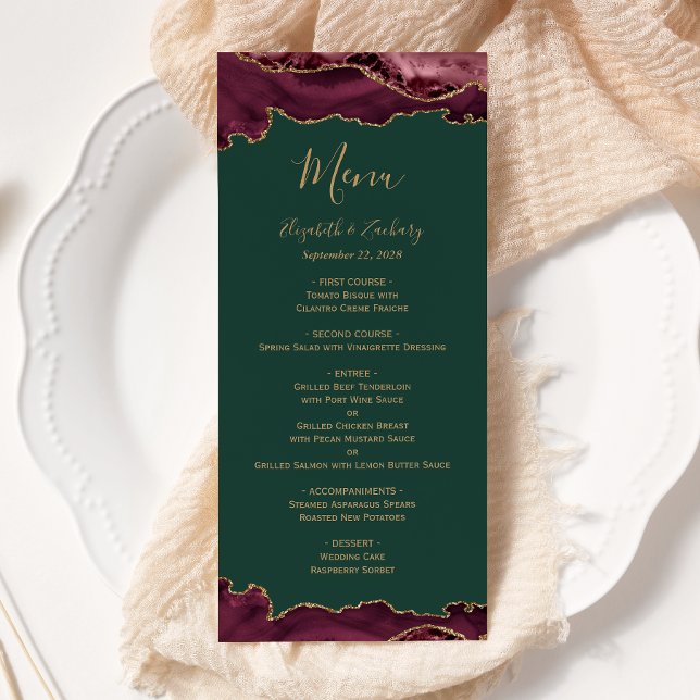 Menu Casamento Verde Agata Dourado Elegante Burgundy (Criador carregado)