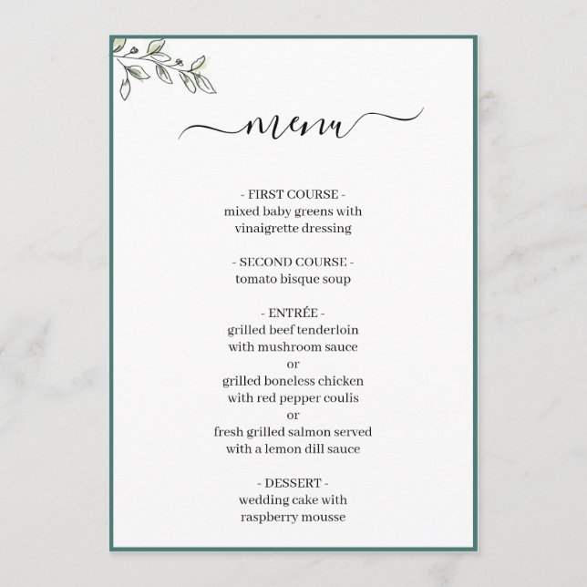 Menu Casamento Verde Botânico Moderno Elegante (Frente)