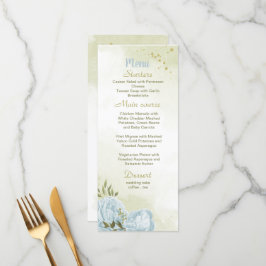 Menu casamento verde com flores azuis