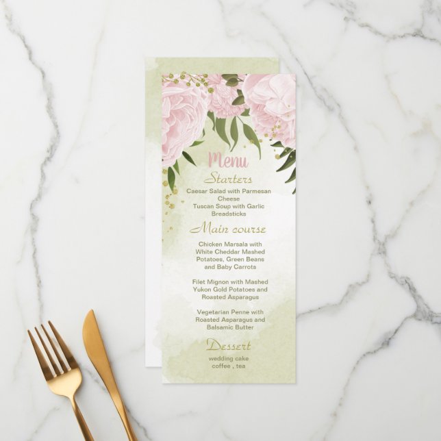 Menu casamento verde com flores rosa (Frente/Verso In Situ)