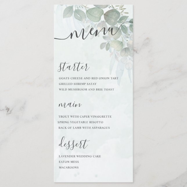 Menu Casamento Verde com Folhagem Rústica de Eucalipto (Frente)