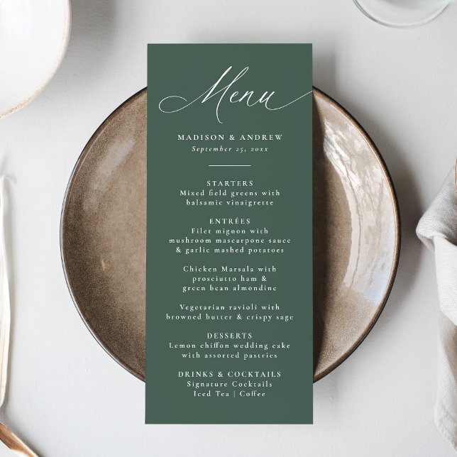 Menu Casamento Verde da Caligrafia Elegante Moderna (Criador carregado)
