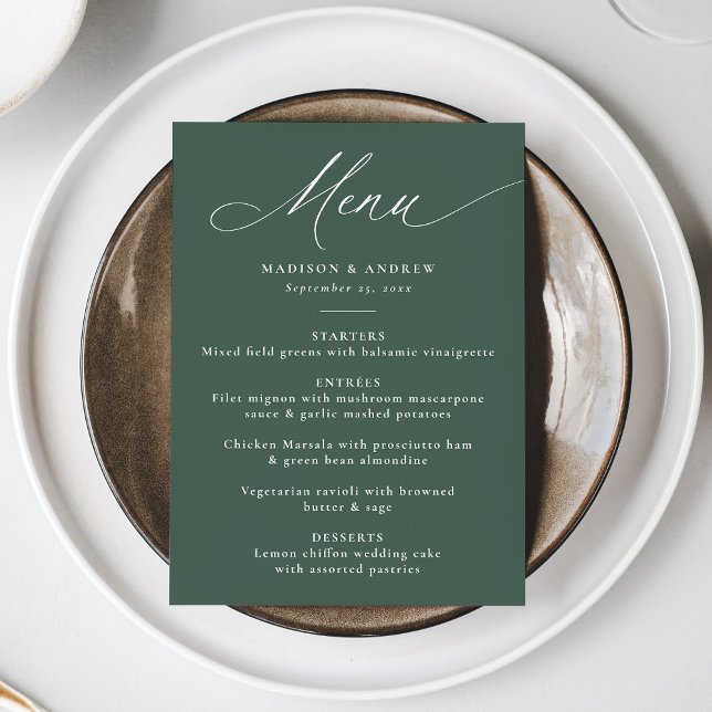 Menu Casamento Verde da Caligrafia Elegante Moderna (Criador carregado)