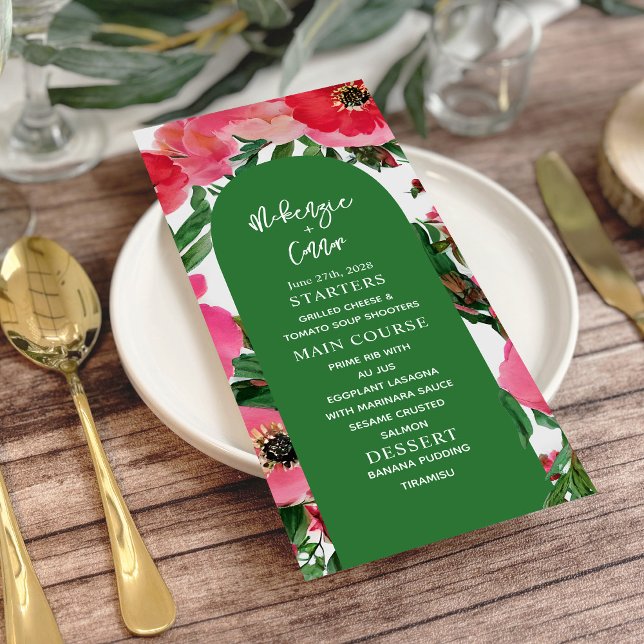 Menu Casamento Verde de Arca Anêmona de Aquarela (Criador carregado)