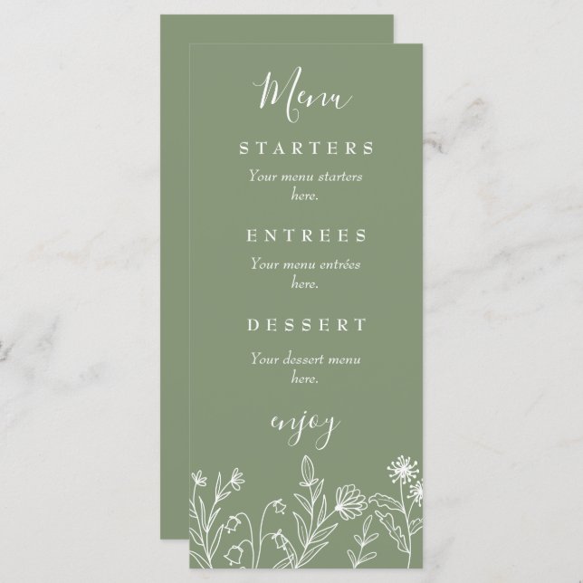 Menu Casamento verde de flor silvestre Boho (Frente/Verso)