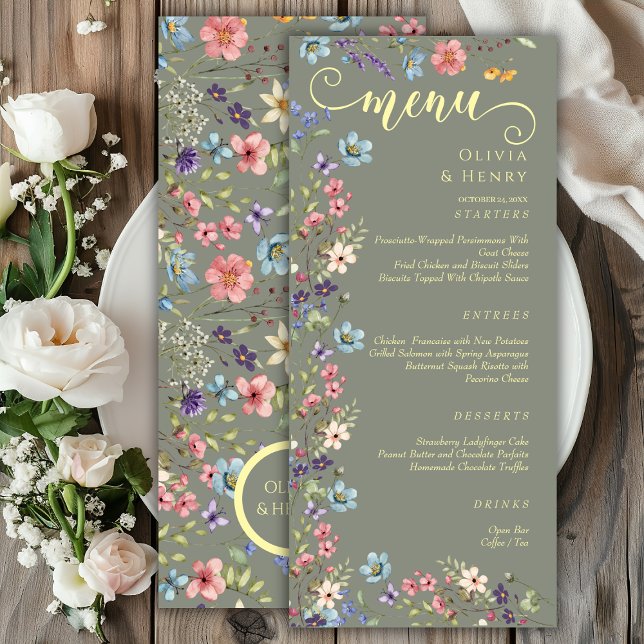 Menu Casamento Verde de Flores Selvagens Modernas e Ele (Criador carregado)