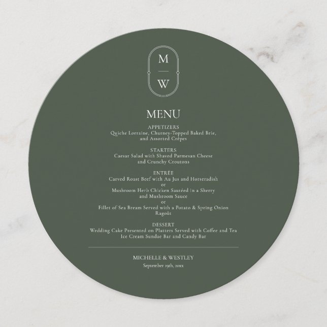 Menu Casamento Verde de Monograma Minimalista (Frente)