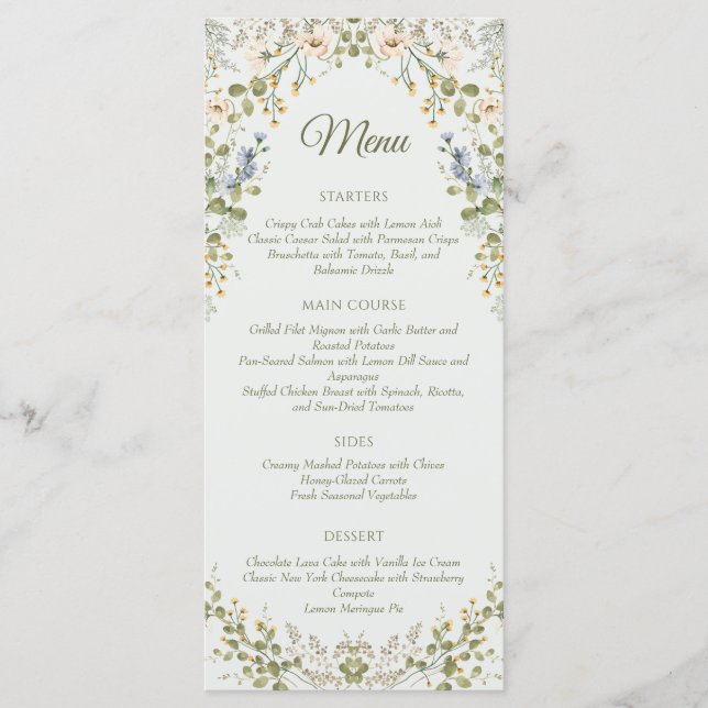Menu Casamento Verde de Pastel de Flor Selvagem (Frente)