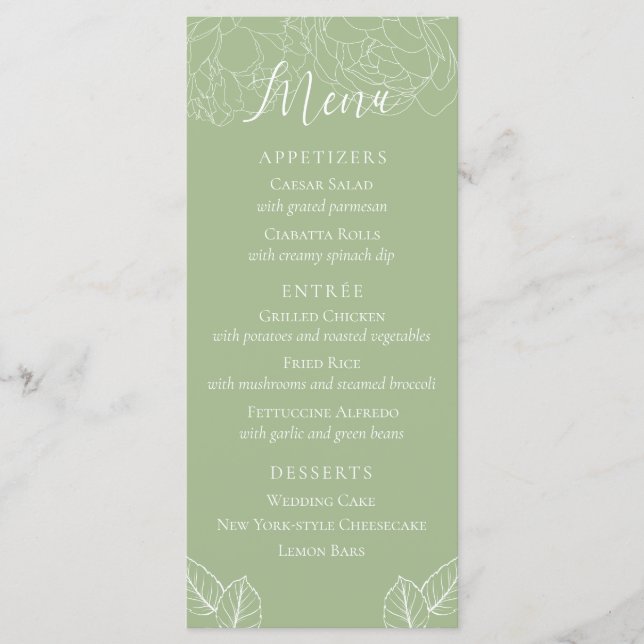 Menu Casamento Verde de Sábio Floral Simples (Frente)