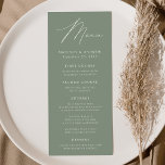 Menu Casamento Verde do Sábio Moderno<br><div class="desc">Menu de casamento simples e elegante com "Menu" exibido em um roteiro branco moderno com um fundo verde sábio ou cor de sua escolha. Personalize o menu sábio de casamento verde adicionando seus nomes, data de casamento e informações do menu. Projetado para coordenar com a nossa coleção de casamento do...</div>