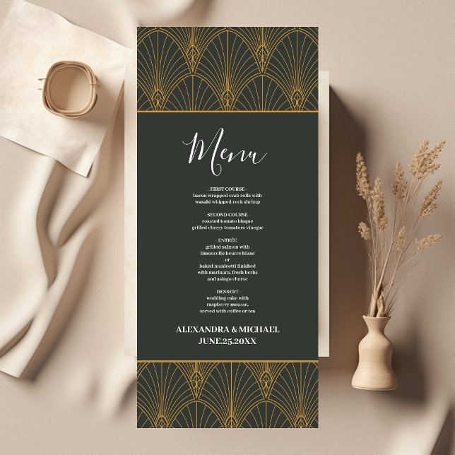Menu Casamento Verde Dourado com Arte Elegante (Criador carregado)
