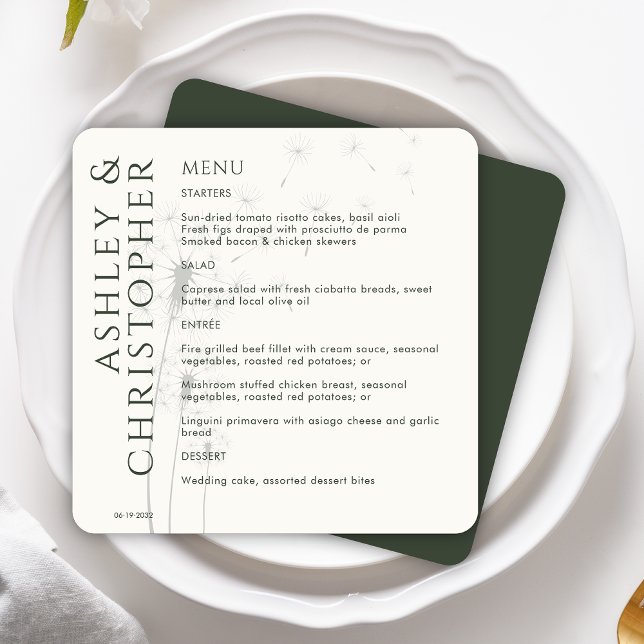 Menu Casamento Verde Elegante Moderno Dandelion Moss (Criador carregado)