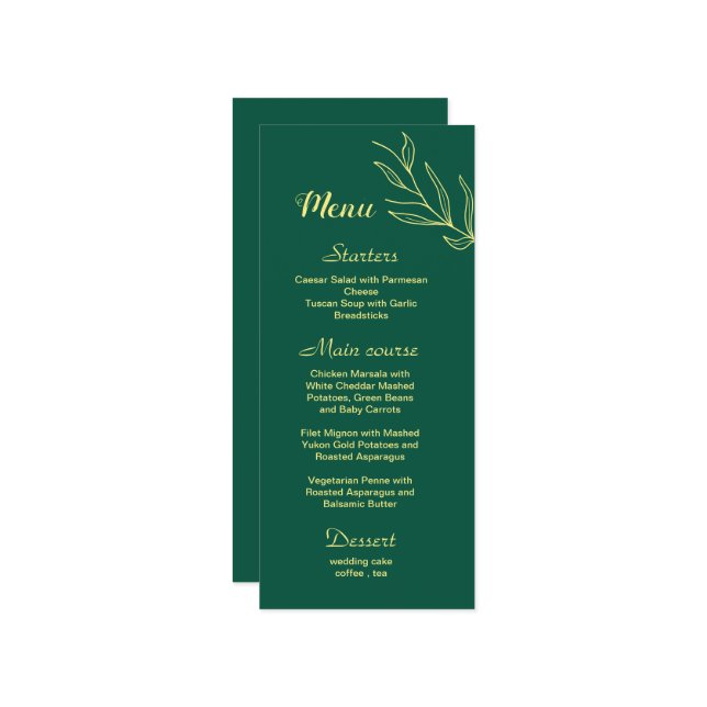 Menu Casamento verde-esmeralda de flor de ouro romântic (Frente/Verso In Situ)