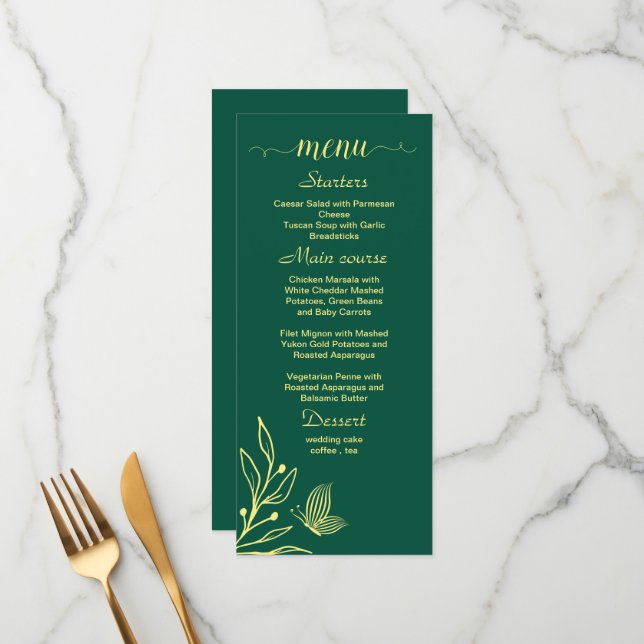 Menu Casamento verde-esmeralda de flor de ouro romântic (Frente/Verso In Situ)