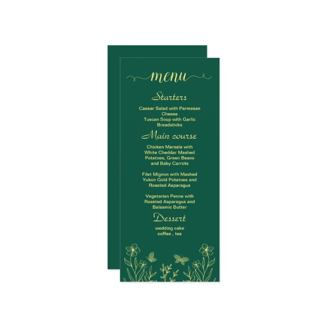 Menu Casamento verde-esmeralda de flor de ouro romântic (Frente/Verso In Situ)
