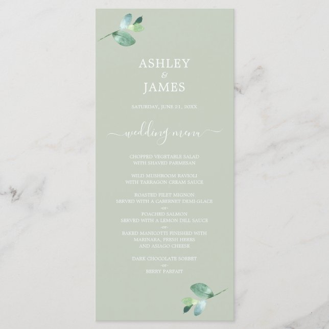 Menu Casamento Verde Eucalyptus Foliage - Script Chic (Frente)