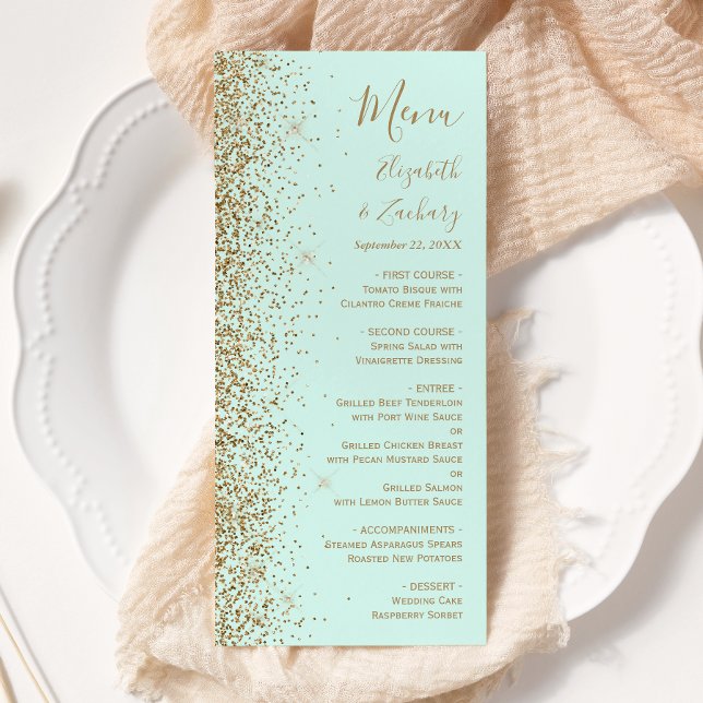 Menu Casamento Verde Menta Brilho Dourado Moderno (Criador carregado)