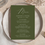 Menu Casamento Verde Oleícola Moderno Elegante<br><div class="desc">Menu de casamento simples e elegante com "Menu" exibido em um roteiro branco moderno com um fundo verde-oliva ou cor de sua escolha. Personalize o menu de casamento verde-oliva adicionando seus nomes, data de casamento e informações do menu. Projetado para coordenar com a nossa coleção de casamento do Modern Elegance....</div>