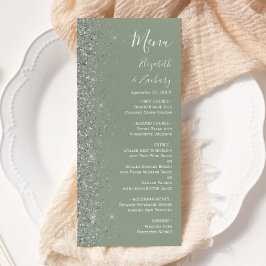 Menu Casamento Verde Sage Moderno com Borda de Brilho P