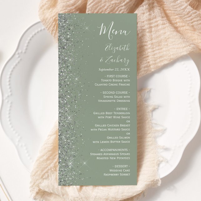 Menu Casamento Verde Sage Moderno com Borda de Brilho P (Criador carregado)