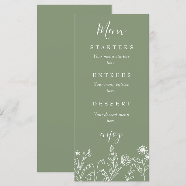Menu Casamento verde selvagem boêmio (Frente/Verso)