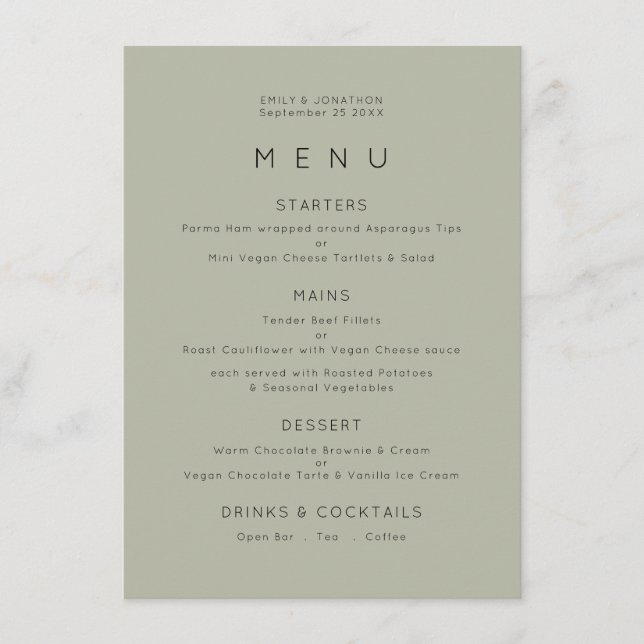 Menu Casamento Verde Simples Pale Sage (Frente)