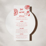 Menu Casamento Vermelho Bravo Moderno Retro Funky<br><div class="desc">Nosso cardápio de casamento feito à mão é realmente *chefs kiss*. Este design apresenta uma tipografia divertida e eclética que imita a escrita manual natural,  com ilustrações feitas sob medida,  perfeita para representar a sua recepção e festa de janto. Esta versão inclui pop em negrito de vermelho.</div>