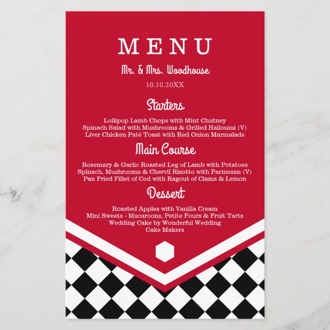 Menu Casamento Vermelho com Padrão Verificado Pret (Frente)
