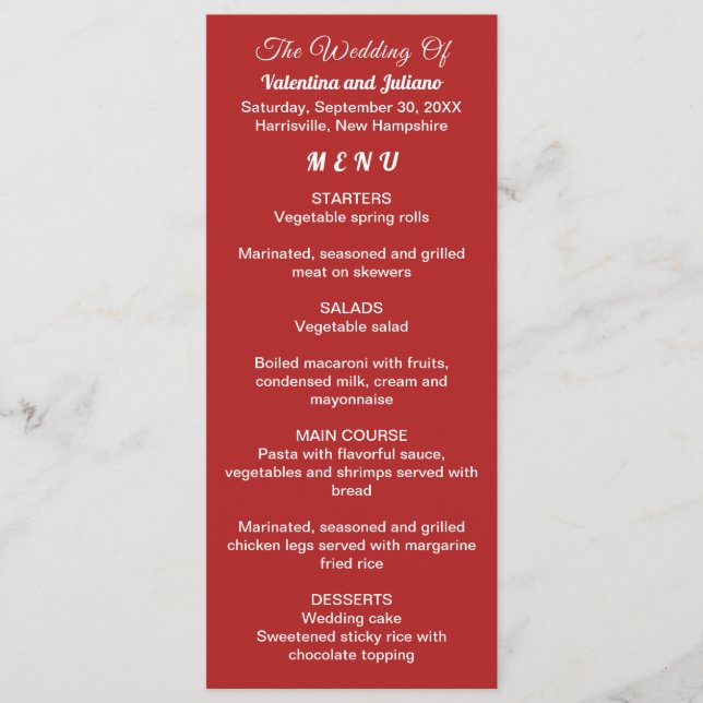 Menu Casamento Vermelho Crimson (Frente)