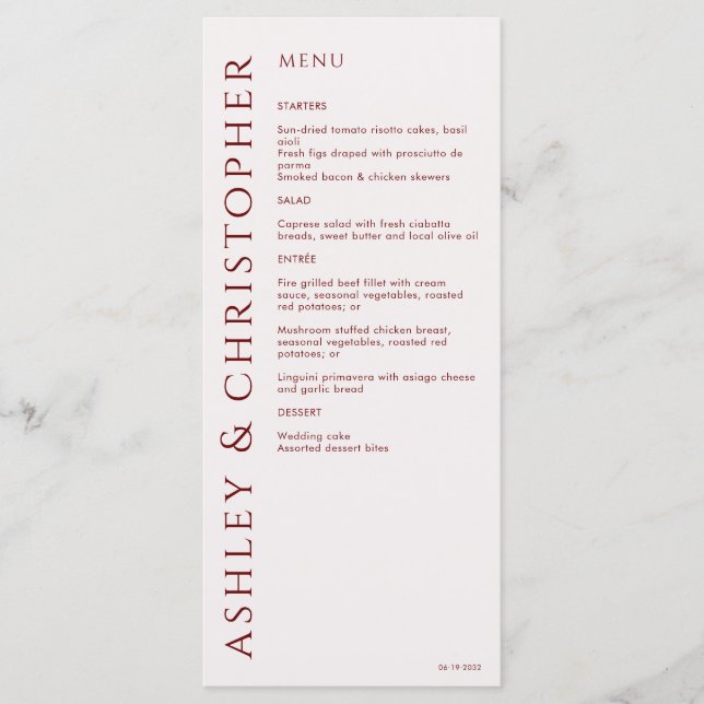 Menu Casamento Vermelho da Crimson Moderna Elegante (Frente)