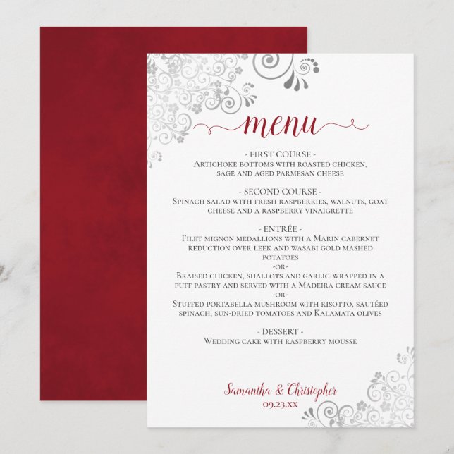Menu Casamento Vermelho e Branco do Lace Silver Elegant (Frente/Verso)