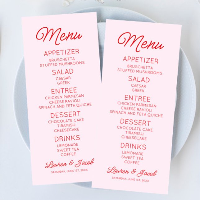 Menu Casamento Vermelho e Rosa Mínimo Moderno (Criador carregado)