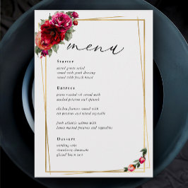 Menu Casamento vermelho-quic, floral e dourado falso