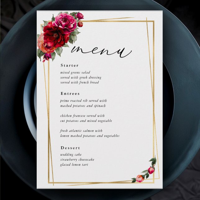 Menu Casamento vermelho-quic, floral e dourado falso (Criador carregado)