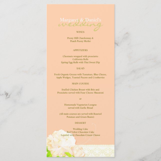 Menu Casamento Vertical Longo de Peach Peony (Frente)