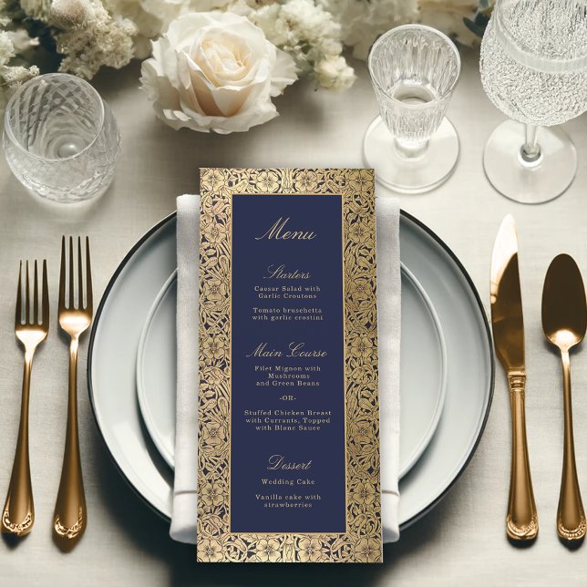 Menu Casamento vintage Elegante Rosas Dourados Azul (Criador carregado)