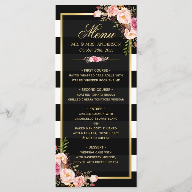 Menu Casamento Vintage Floral Black White Strike (Frente)