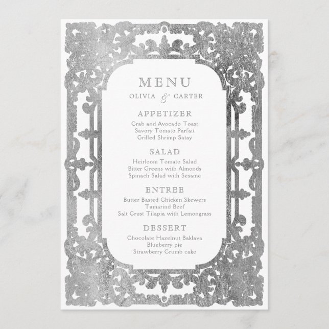 Menu Casamento vintage ornamentado romântico de prata (Frente)