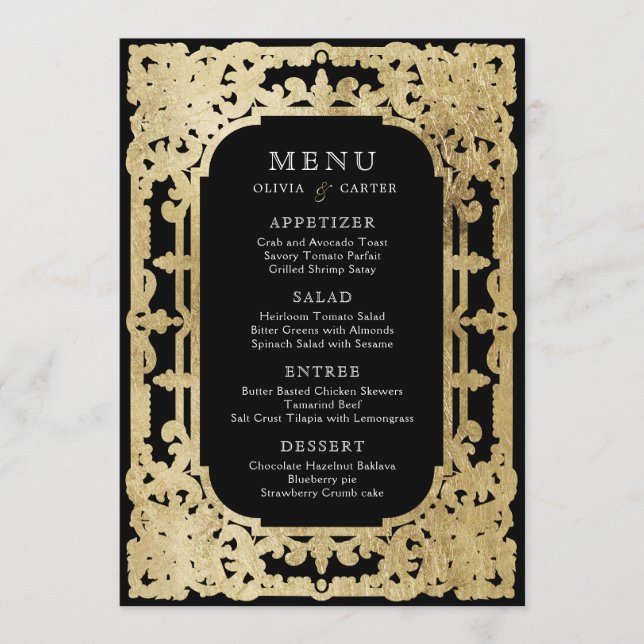 Menu Casamento vintage romântico preto e dourado (Frente)