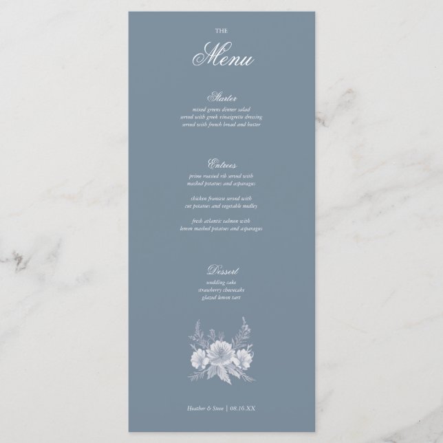 Menu Casamento vitoriano em azul com flores brancas (Frente)