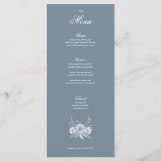 Menu Casamento vitoriano em azul com flores brancas