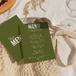 Menu Casamento Whimsical Com Cerveja Verde<br><div class="desc">Um retro fedorento,  moderno e brilhante menu de janto de casamento. Que apresenta modelo de chic de boho vintage fundo verde azeitona e tipografia branca e menu em negrito de branco. Perfeito e compatível com toda a suíte.</div>