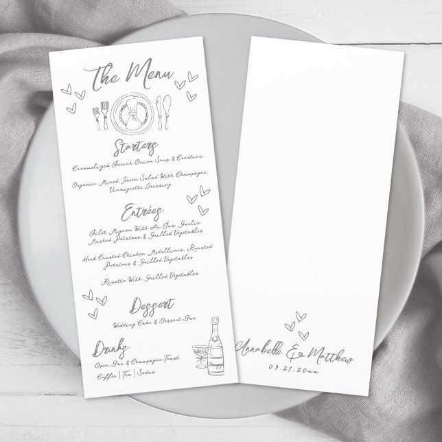 Menu Casamento Whimsical de Cinzas Desenhadas Mão (Hand Drawn Gray Whimsical Wedding Menu )