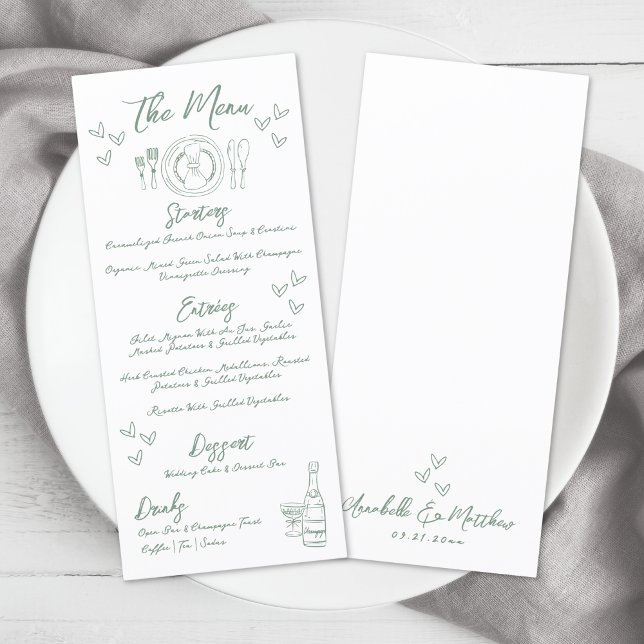 Menu Casamento Whimsical Verde Desenhado à Mão (Hand Drawn Green Whimsical Wedding Menu )