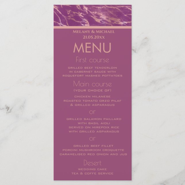 Menu Cassis rosa dourado mármore romântico design elega (Frente)