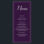 Menu Catering para Casamento de Púrpura e Prata<br><div class="desc">Um belo menu de recepção de casamento,  este item apresenta um fundo roxo com fonte prateada e borda. A palavra "Menu" está escrita no topo com uma bela fonte prateada. Todas as outras informações estão escritas em adorável impressão prateado. Personalize como quiser. Design do menu: WeddingsbyRhoadie</div>