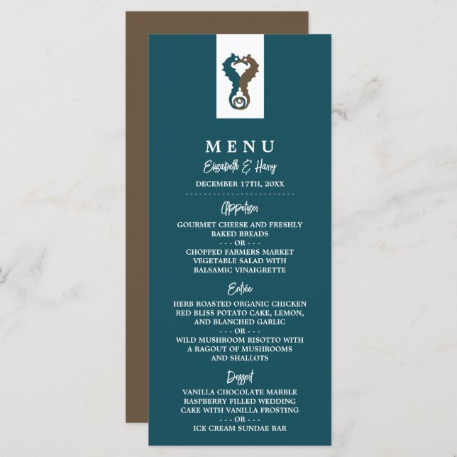 Menu Cavalo-do-mar Romance, Casamento de praia (Frente/Verso)