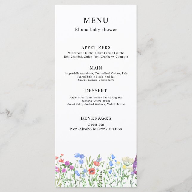 Menu Celebração de Chá de Bebê com Flor Silvestre Multi (Frente)